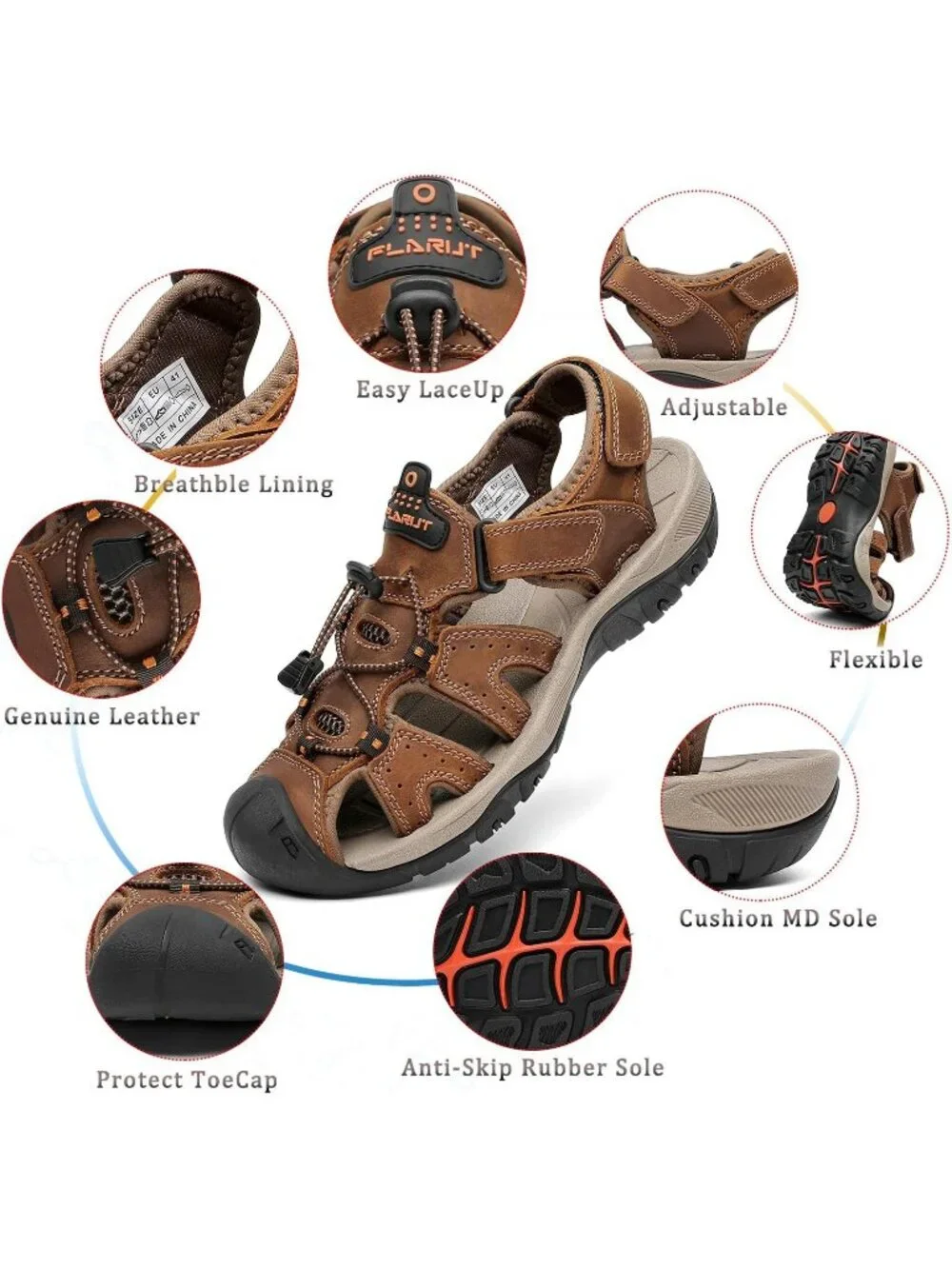 Mens Brown Closed Toe Leather Athletic Outdoor Hiking Sport Casual Sandal Shoes